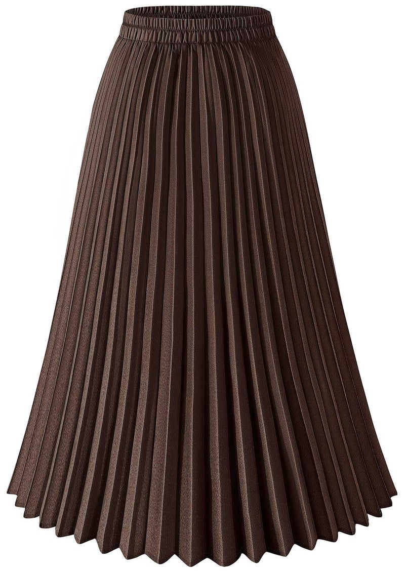 Basoteeuo Pleated Skirts for Women Midi Length Trendy Summer High Waisted A Line Elastic Waist Long Ladies Skirt Coffee M - Image 1