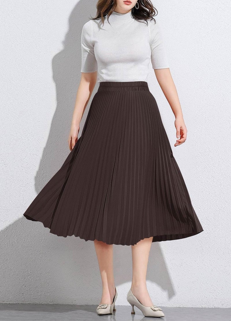 Basoteeuo Pleated Skirts for Women Midi Length Trendy Summer High Waisted A Line Elastic Waist Long Ladies Skirt Coffee M - Image 3