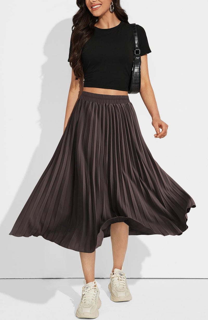 Basoteeuo Pleated Skirts for Women Midi Length Trendy Summer High Waisted A Line Elastic Waist Long Ladies Skirt Coffee M - Image 2