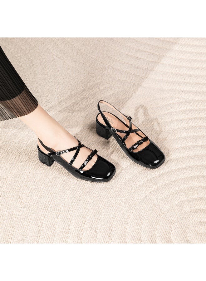 Goldlion Soft Cow Leather Sheepskin Insole Simple Fashion Single Strap Sandals Small Square Toe Versatile Open-back Sandals Women's Shoes - Image 4