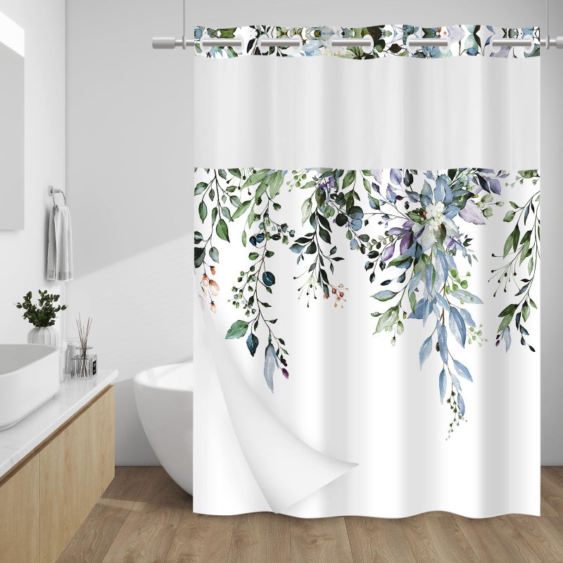 WITHLOC No Hook Shower Curtain with Snap in Liner - Eucalyptus Shower Curtain - Washable Waterproof Inner Liner, Plants Green Leaves Modern Shower Curtains - Machine Washable, 71 x 74 - Image 1