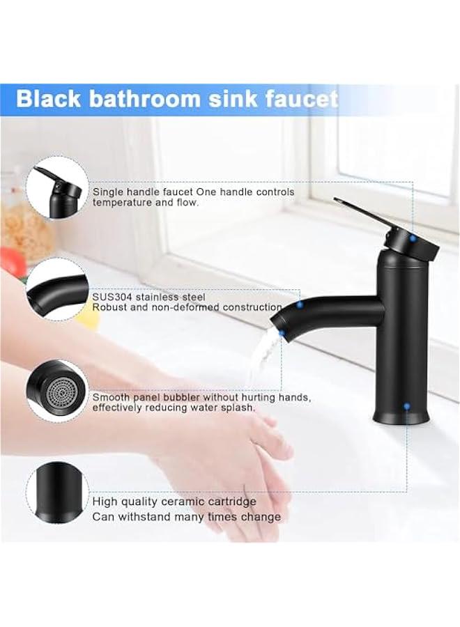 TRASSLE Bathroom Faucet,Bathroom Basin Faucet,Water Mixer Kitchen Hot and Cold Water, Single Tap for Sink, Bathroom Sink Faucets with Hoses,Black - Image 2
