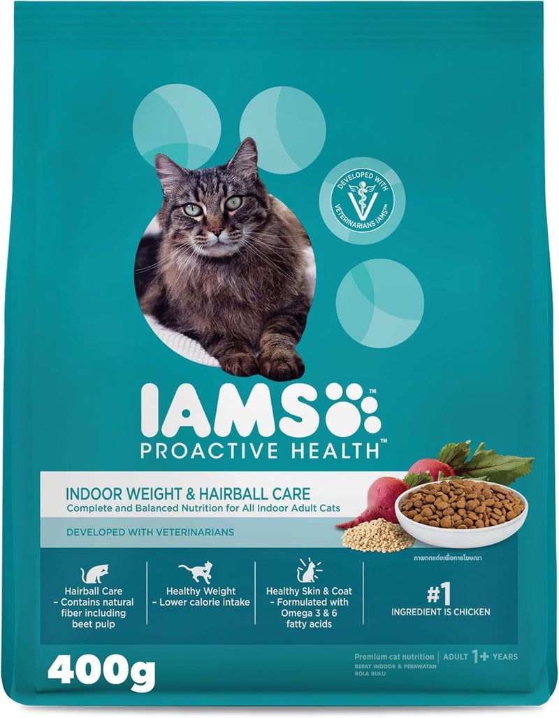 IAMS Dry Cat Food Weight Care Hairballs 400g, Nutrition for All Indoor Adult Cats - Image 1