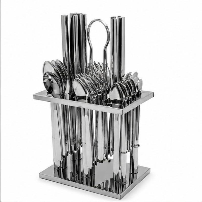 24-Piece Stainless Steel Flatware Set with Modern Hanging Display Stand | 24 pc Silverware Cutlery Set for 6 | Elegant Tabletop Suspension Rack Organizer for Spoons, Forks, and Knives - Image 2