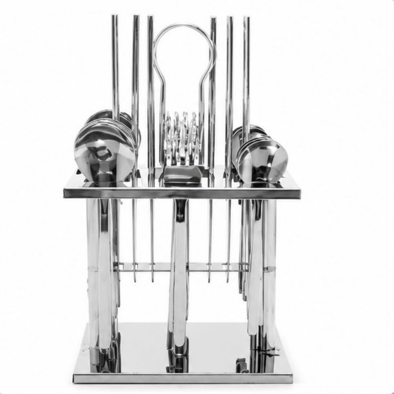 24-Piece Stainless Steel Flatware Set with Modern Hanging Display Stand | 24 pc Silverware Cutlery Set for 6 | Elegant Tabletop Suspension Rack Organizer for Spoons, Forks, and Knives - Image 3