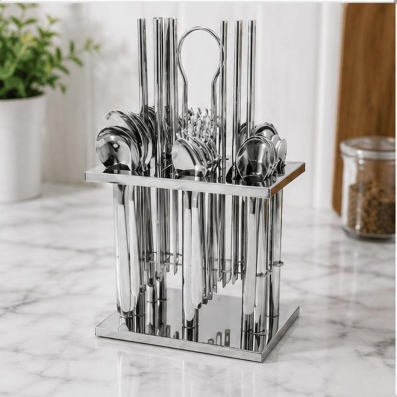24-Piece Stainless Steel Flatware Set with Modern Hanging Display Stand | 24 pc Silverware Cutlery Set for 6 | Elegant Tabletop Suspension Rack Organizer for Spoons, Forks, and Knives - Image 1