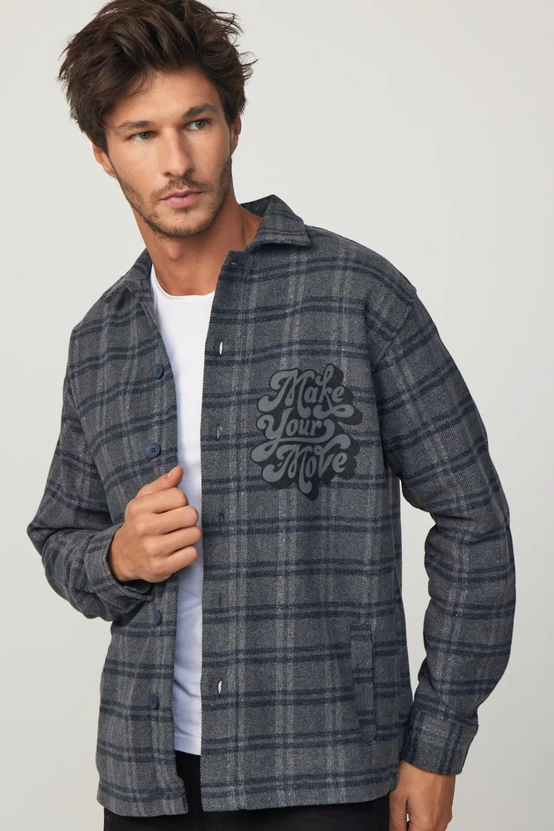 Tudors Relax Fit Winter Checkered Printed Flotilla Pocket Casual Lumberjack Grey-Smoked Men's Shirt