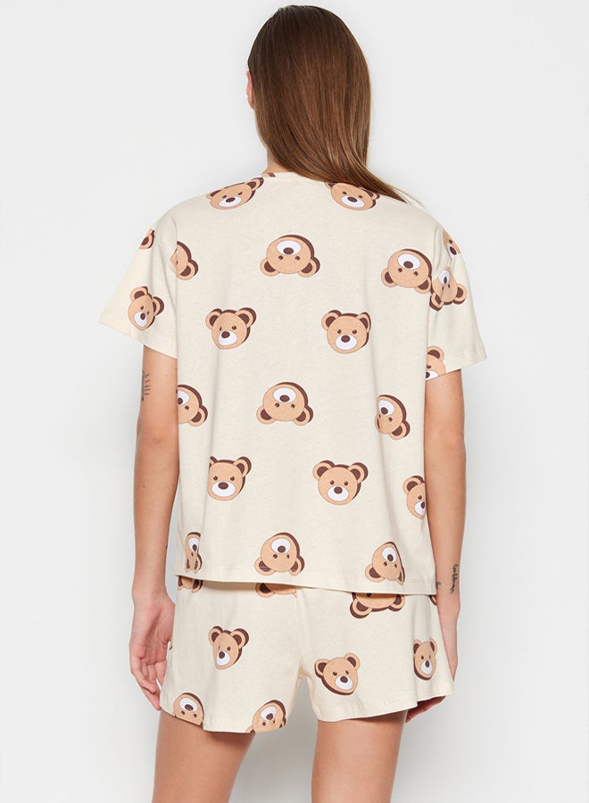 trendyol Ecru 100% Cotton Teddy Bear Printed T-shirt-Shorts Knitted Pajama Set THMSS23PT00005 - Image 5