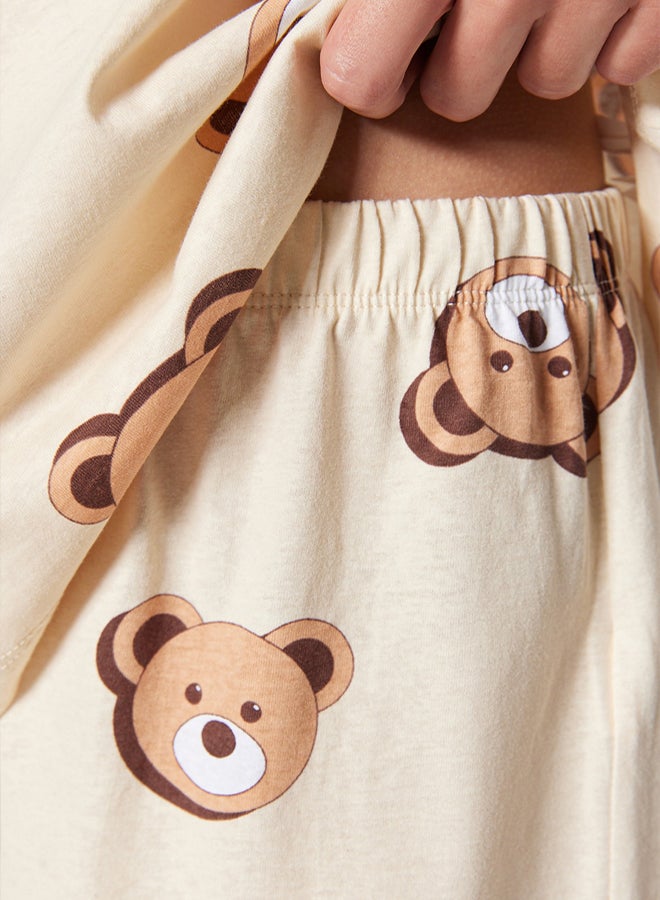 trendyol Ecru 100% Cotton Teddy Bear Printed T-shirt-Shorts Knitted Pajama Set THMSS23PT00005 - Image 4