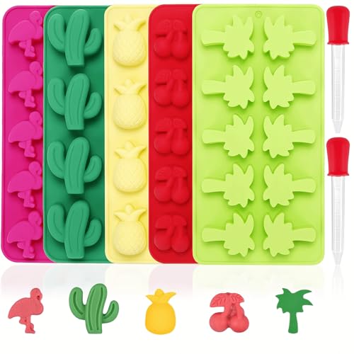Fewo 5 Pack Hawaiian Tropical Themed Ice Cube Tray Summer Silicone Molds for Chocolate Candy Gummy Fruit Snack Fat Bomb Jello Mini Soap Crayon Melt (Cactus Pineapple Flamingo Coconut Tree Cherry) - Image 1