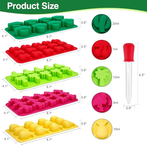 Fewo 5 Pack Hawaiian Tropical Themed Ice Cube Tray Summer Silicone Molds for Chocolate Candy Gummy Fruit Snack Fat Bomb Jello Mini Soap Crayon Melt (Cactus Pineapple Flamingo Coconut Tree Cherry) - Image 3
