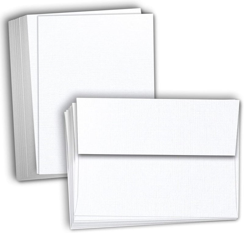 Hamilco White Linen Cards and Envelopes - Flat 5" x 7" Cardstock Paper 80lb Cover 100 Pack - Image 1