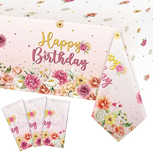 Oudain 3 Pieces Flower Birthday Party Table Cloth Plastic Pink Floral Tablecloth Disposable Rectangular Pink Happy Birthday Table Cover for Baby Girls Women Party Decor 54 x 108 Inch - Image 1