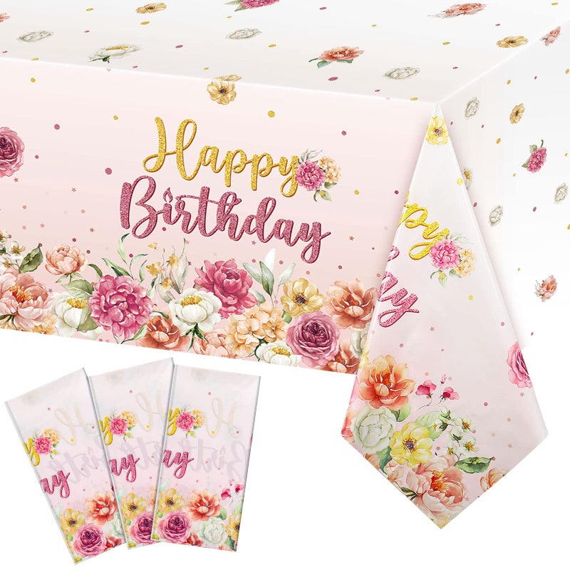 Oudain 3 Pieces Flower Birthday Party Table Cloth Plastic Pink Floral Tablecloth Disposable Rectangular Pink Happy Birthday Table Cover for Baby Girls Women Party Decor 54 x 108 Inch - Image 2