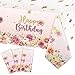 Oudain 3 Pieces Flower Birthday Party Table Cloth Plastic Pink Floral Tablecloth Disposable Rectangular Pink Happy Birthday Table Cover for Baby Girls Women Party Decor 54 x 108 Inch - Image 3