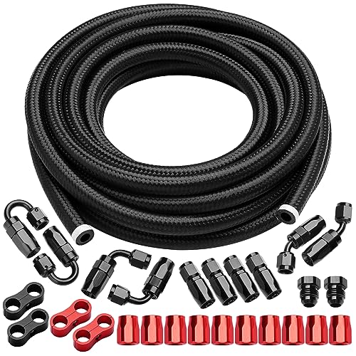 BRIFITOR 6AN 20FT Fuel Line Kit, AN6 Nylon Stainless Steel Braided CPE Fuel Line Hose Fittings Kit With 26 PCS Swivel Hose Fitting Adapter - Image 1