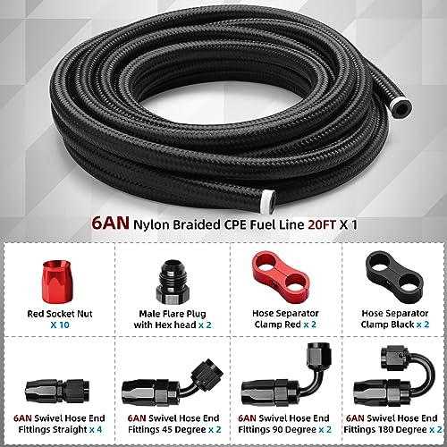 BRIFITOR 6AN 20FT Fuel Line Kit, AN6 Nylon Stainless Steel Braided CPE Fuel Line Hose Fittings Kit With 26 PCS Swivel Hose Fitting Adapter - Image 2