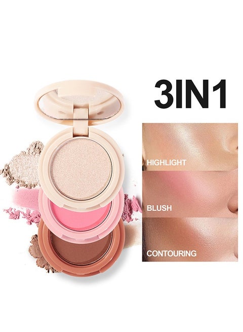 Highlight+Blush+Contour 3 in 1,Highly Pigmented Powder Highlighter Face-Repair Plate 3 In1 for Women Natural Look Long-Lasting Sweat-Resistant Radiant Finish,Silky Shimmery