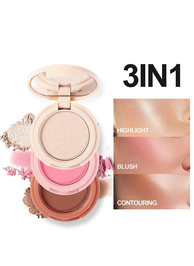 Julystar Highlight+Blush+Contour 3 in 1,Highly Pigmented Powder Highlighter Face-Repair Plate 3 In1 for Women Natural Look Long-Lasting Sweat-Resistant Radiant Finish,Silky Shimmery  - Image 1