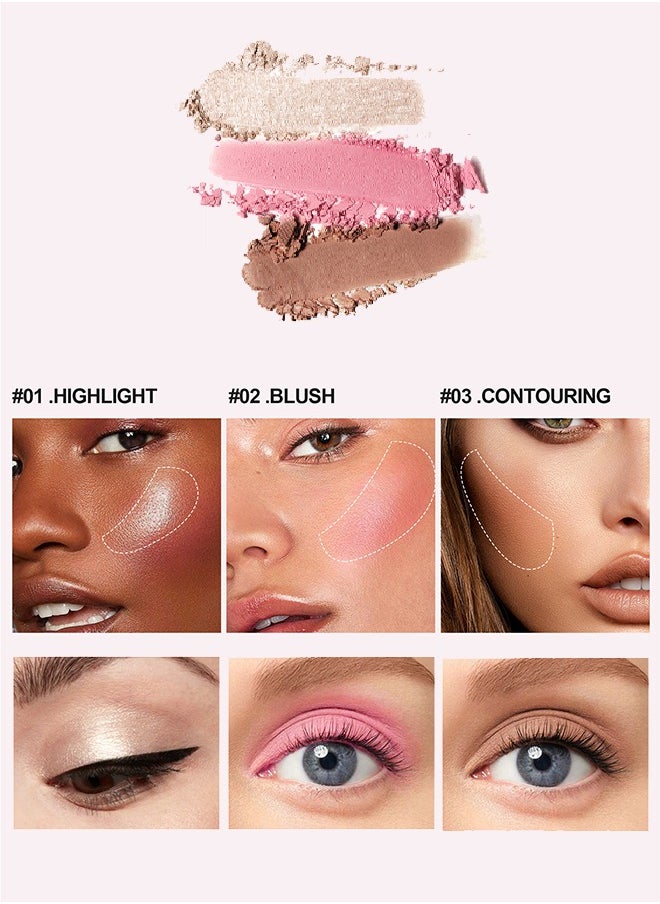Julystar Highlight+Blush+Contour 3 in 1,Highly Pigmented Powder Highlighter Face-Repair Plate 3 In1 for Women Natural Look Long-Lasting Sweat-Resistant Radiant Finish,Silky Shimmery  - Image 4