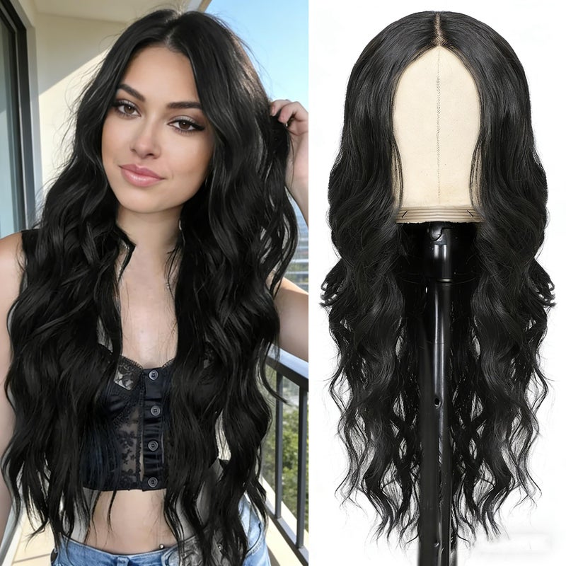 ShowCoco Black Wig for Women 26 Inch Pre Cut Hand-Tied Lace Long Wavy Natural Hairline Middle Part Hair Replacement Wigs for Women Beginners Natural Synthetic Wig for Daily Party 3 Seconds to Wear - Image 1