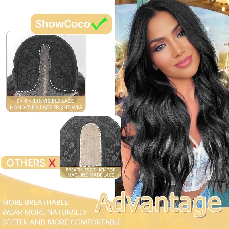 ShowCoco Black Wig for Women 26 Inch Pre Cut Hand-Tied Lace Long Wavy Natural Hairline Middle Part Hair Replacement Wigs for Women Beginners Natural Synthetic Wig for Daily Party 3 Seconds to Wear - Image 3