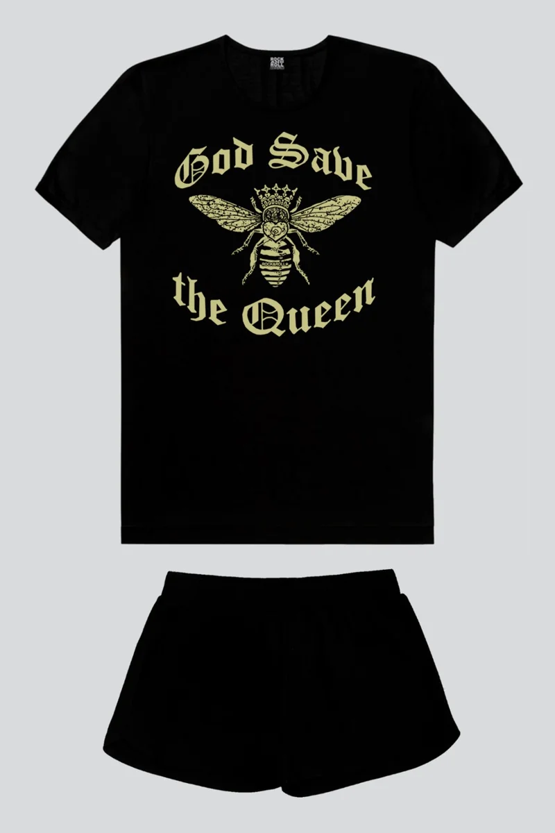 Rock&Roll Queen Bee Black Short Sleeve Women's Shorts Set