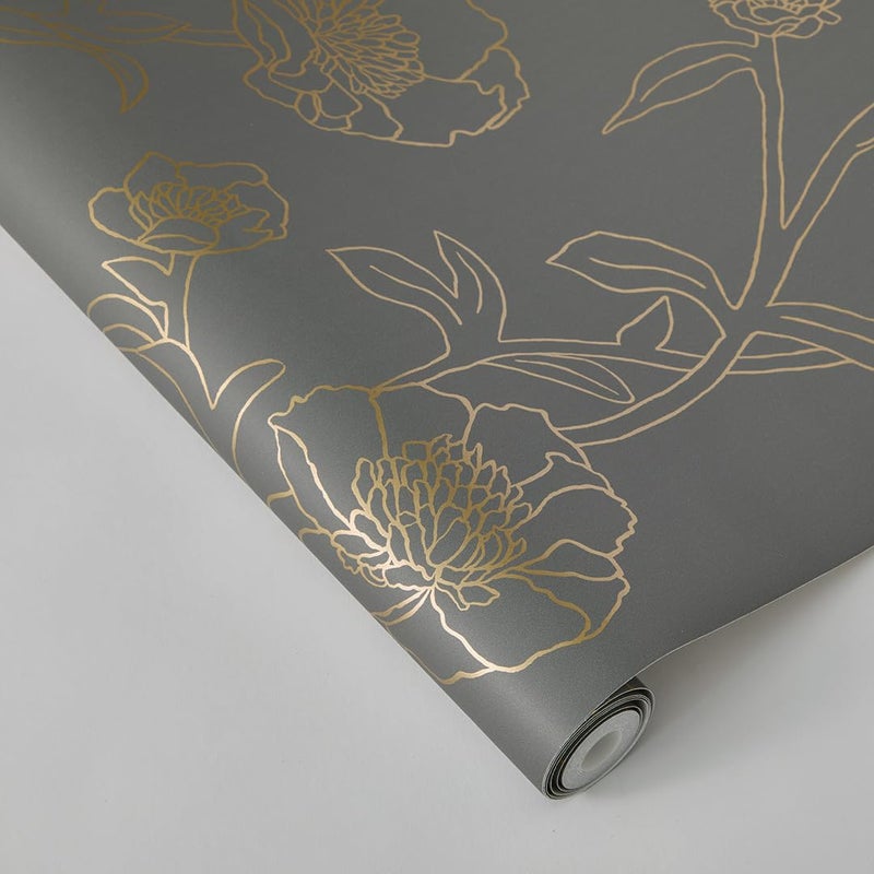 Tempaper Noir & Metallic Gold Peonies Removable Peel and Stick Floral Wallpaper, 20.5 in X 16.5 ft, Made in The USA - Image 2