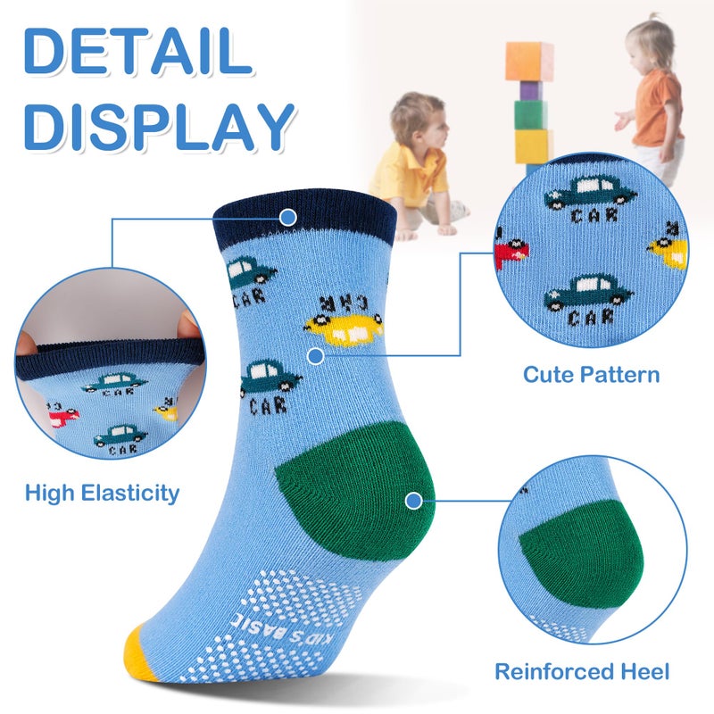 GRPSKCOS Toddler Non Slip Socks- 12 Pairs Anti Skid Toddler Socks Cute Crew Grips Socks for Boys Girls Children(#1 Car Style, 1-3T) - Image 4
