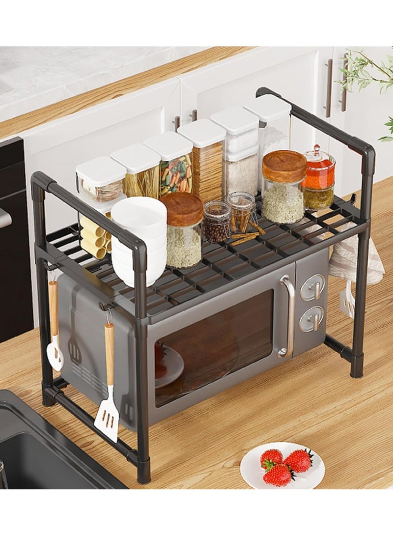 Kimaya Expandable Microwave Oven stand, Adjustable Stand for Kitchen Utensils and Tableware, Carbon Steel Over Microwave rack Shelf with 4 Hooks for Organized Storage microwave stand for kitchen rack  - Image 2