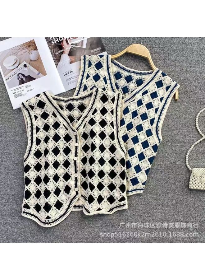 Vintage Crochet Hollow Outerwear Knitted Cardigan For Women New Loose Versatile V-neck Short Top For Summer