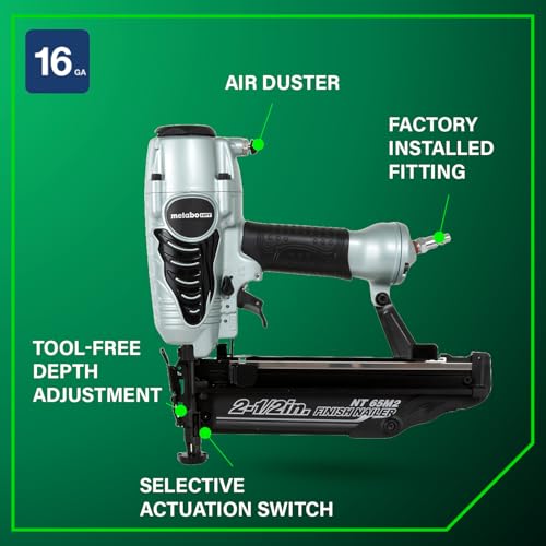 Metabo HPT Finish Nailer with Air Duster, Pro-Preferred Pneumatic Power Nailers, Ideal for Molding, Chair Rail, and Cabinetry, Lightweight 3.7 lbs, 16 Gauge, 1″ to 2-1/2″ Finish Nails, NT65M2S - Image 5