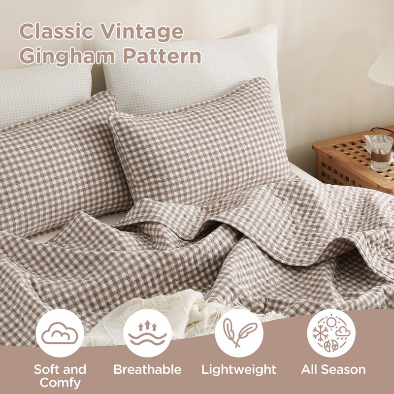 TOCOMOA Tan Gingham Quilt Bedding Set 100% Washed Cotton Bedspread Coverlet Like Linen Feel Soft Comfy Breathable 3 Piece Brown Plaid Checkered Lightweight Comforter Set for All Season, King 106"x96" - Image 5