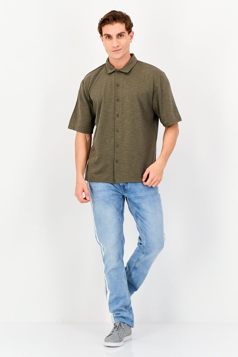 Core Elements Men Regular Fit Chambray Short Sleeve Casual Shirt, Dark Olive - Image 4