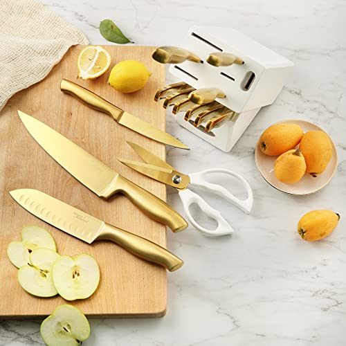 Marco Almond® Gold Knife Set, Knife Block Set MA21,Titanium Coated 14 Pieces Stainless Steel Chef Gold Kitchen Knife Sets with White Block - Image 4
