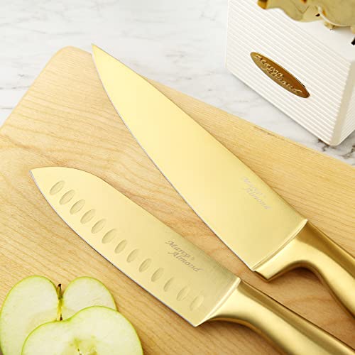 Marco Almond® Gold Knife Set, Knife Block Set MA21,Titanium Coated 14 Pieces Stainless Steel Chef Gold Kitchen Knife Sets with White Block - Image 3
