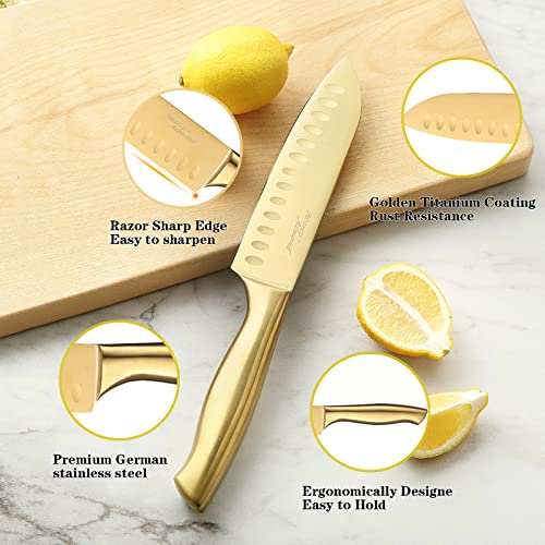 Marco Almond® Gold Knife Set, Knife Block Set MA21,Titanium Coated 14 Pieces Stainless Steel Chef Gold Kitchen Knife Sets with White Block - Image 2