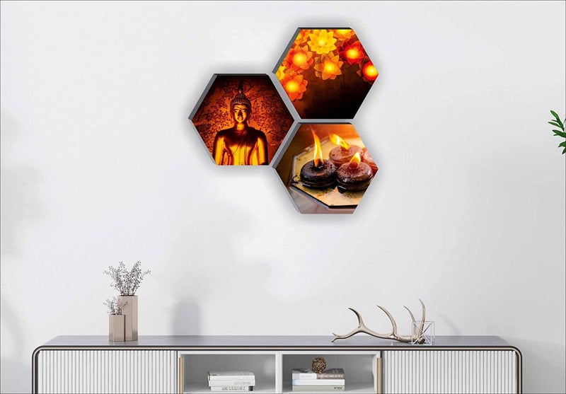 SAF paintings Set of 3 Hexagon Buddha with Candle UV Textured MDF Home Decorative Gift Item Painting 17 Inch X 17 Inch SANFHX07SMALL - Image 2