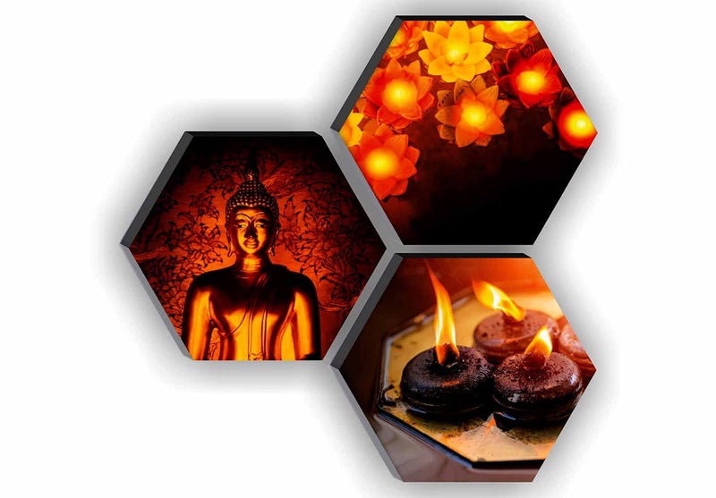 SAF paintings Set of 3 Hexagon Buddha with Candle UV Textured MDF Home Decorative Gift Item Painting 17 Inch X 17 Inch SANFHX07SMALL - Image 1