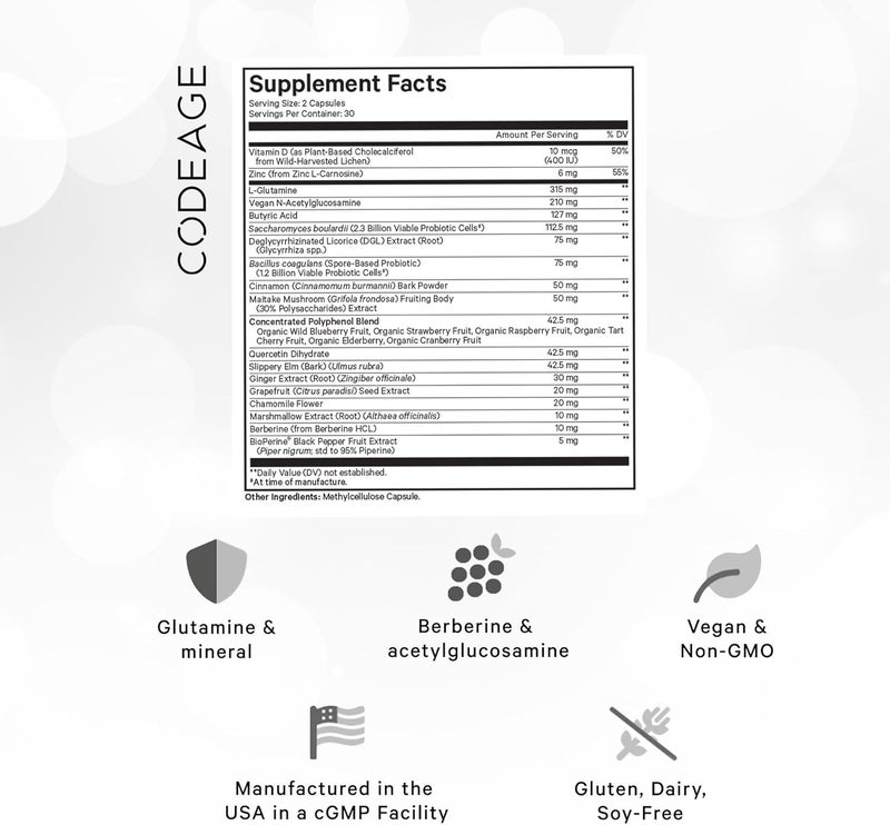 Codeage مكمل كوداج لعلاج الأمعاء المتسربة L-جلوتامين N-أسيتيلغلوكوزامين بروبيوتيك حمض الزبدة بوليفينول كيرسيتين DGL جذر الخطمي بيربرين بايوبيرين قرفة نباتية غير معدلة وراثيًا 60 كبسولة - Image 2