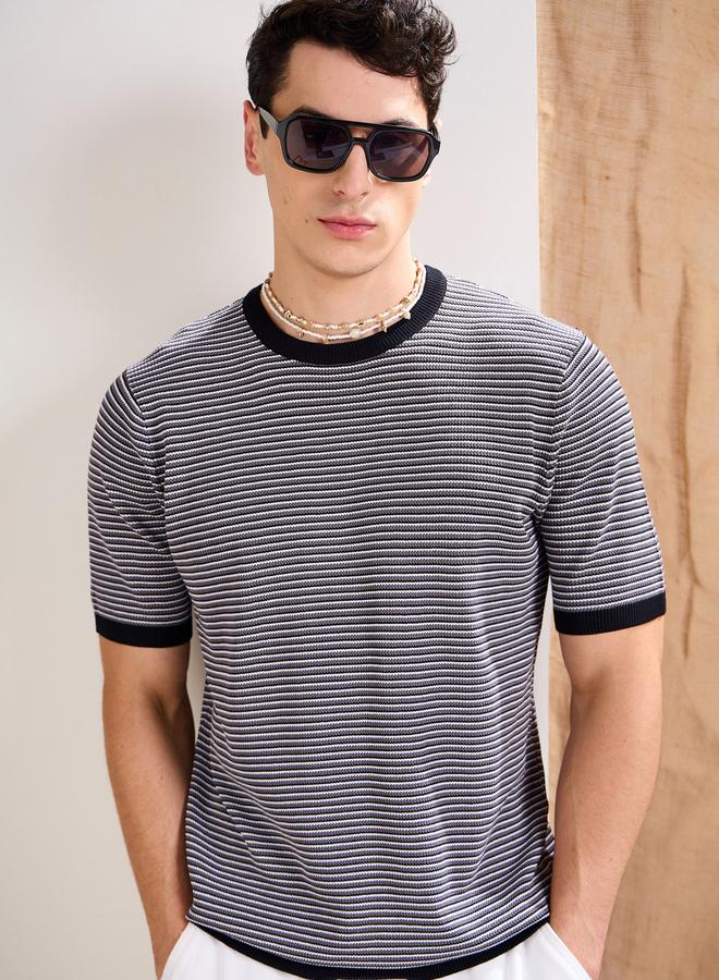 Mascln Sassafras Black and Grey Striped Premium Knit T-Shirt - Image 1