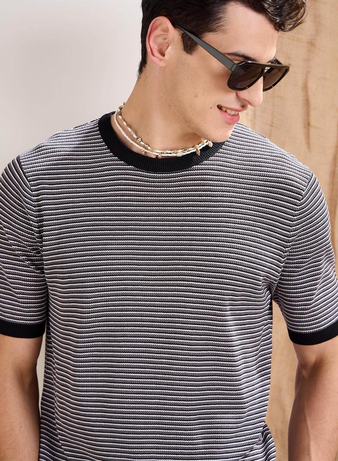 Mascln Sassafras Black and Grey Striped Premium Knit T-Shirt - Image 4