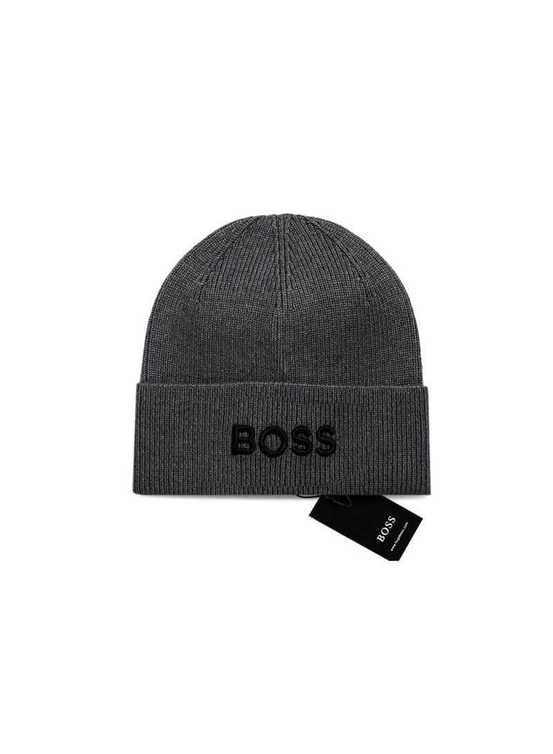 BOSS Letter Embroidery Knit Beanie, Grey Minimalist Warm Cuff Beanie