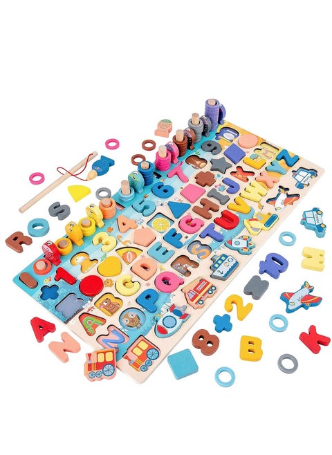 Wooden Puzzles Toddler Toys, Kids Number Alphabet Learning Toys, Shape Sorter Fishing Game for Age 3 4 5 6 Years Children