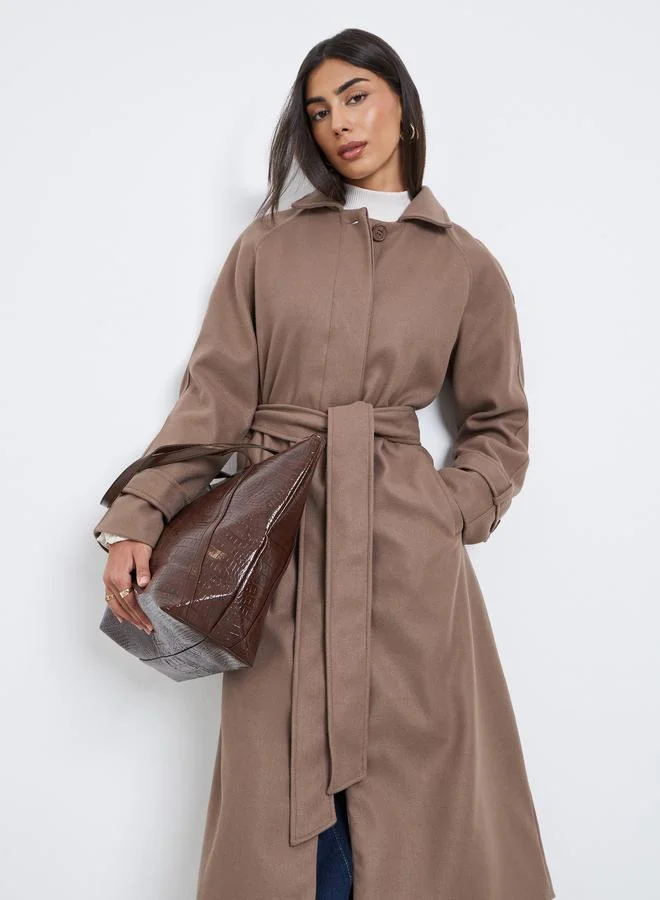 Styli Brown Wool Look Belted Midi Coat