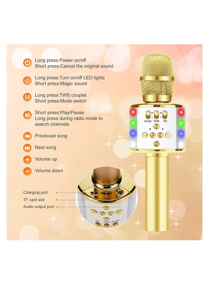 Toy Microphone for Kids, Handheld Wireless Bluetooth Microphone with LED Lights Portable Karaoke Mic Speaker Player Recorder Machine for Birthday Home Party (Gold) - Image 3
