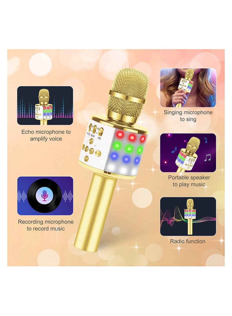 Toy Microphone for Kids, Handheld Wireless Bluetooth Microphone with LED Lights Portable Karaoke Mic Speaker Player Recorder Machine for Birthday Home Party (Gold) - Image 4