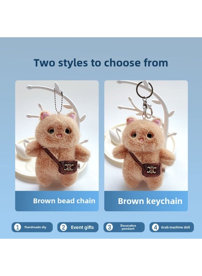 Generic Cute Plush Doll Cross-bag Bear Bag Hanging Decoration Doll Activity Gift Grasping Machine Small Doll Plush Bear Pendant-Specifications:15cm Cross-pack Cat Brown-Color:silver Key Buckle  - Image 1