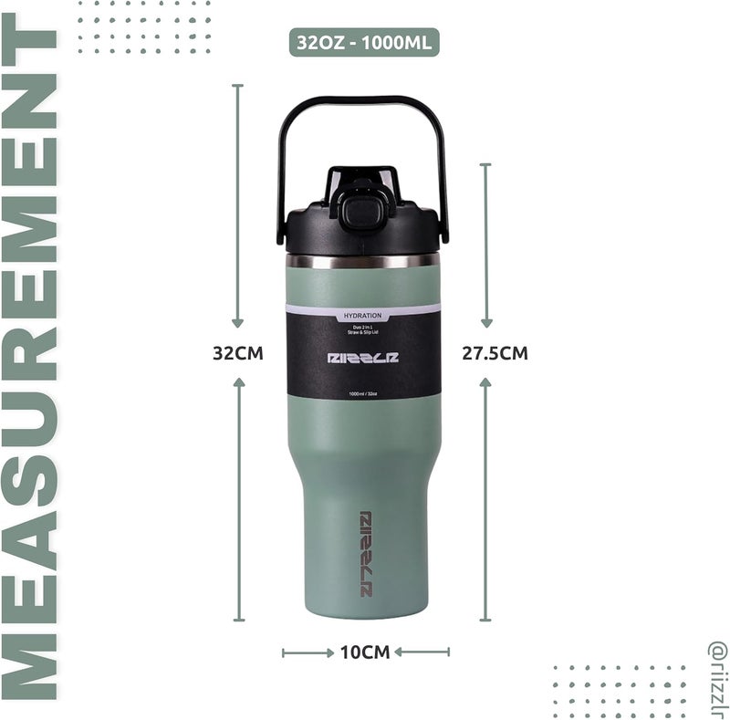 Riizzlr 1000ml Insulated Water Bottle Tumbler with 2-in-1 Straw & Sip Lid – Stainless Steel Vacuum Flask, Double Wall, BPA-Free, Leakproof, Wide Mouth, Keeps Drinks Hot 12H / Cold 24H (Sage Green) - Image 4