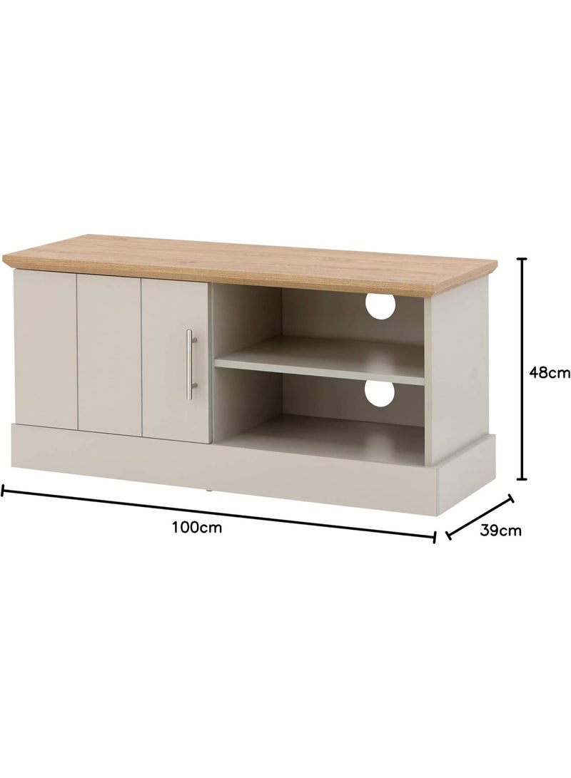 Home Source Oak Top TV Stand with Open Storage Shelves and Grooved Panels, Grey, 1 Door 1 Shelf - Image 2